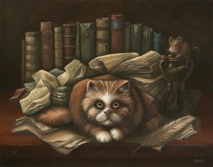 Persian cat with books and mouse